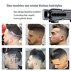A professional cordless hair clipper is shown with various hairstyles demonstrated on a man's head.
