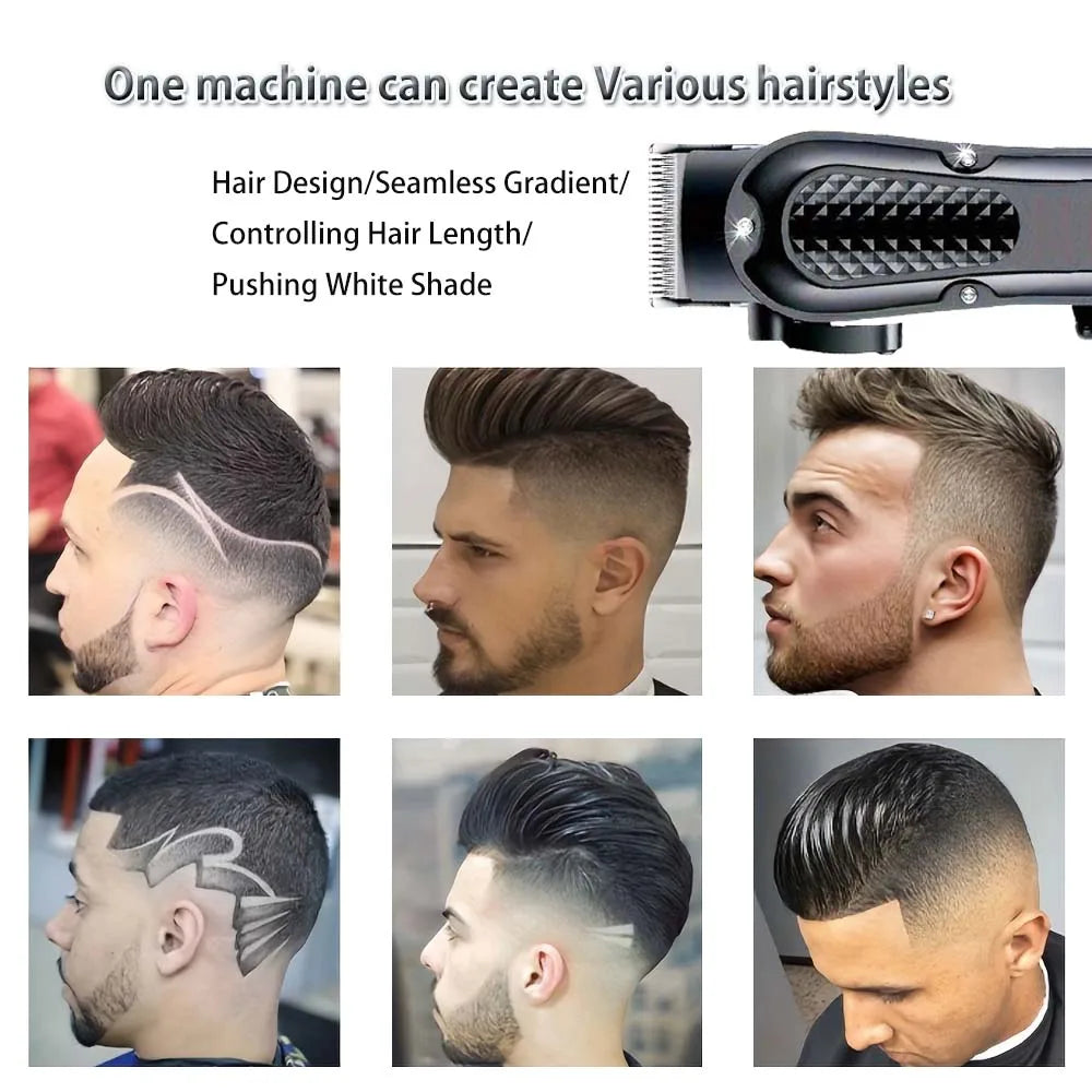 A professional cordless hair clipper is shown with various hairstyles demonstrated on a man's head.