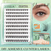 A display of Vyrila self-adhesive cluster lashes showing various lash styles and features like increased viscosity and strong