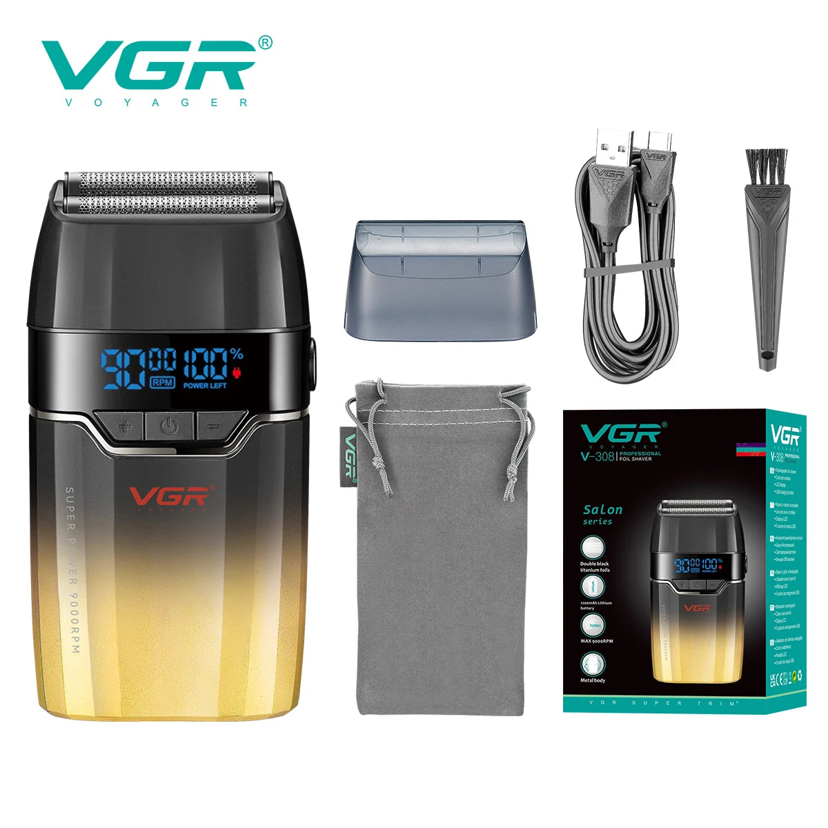 A VGR Voyager professional cordless hair trimmer set including the trimmer, charger, and accessories.