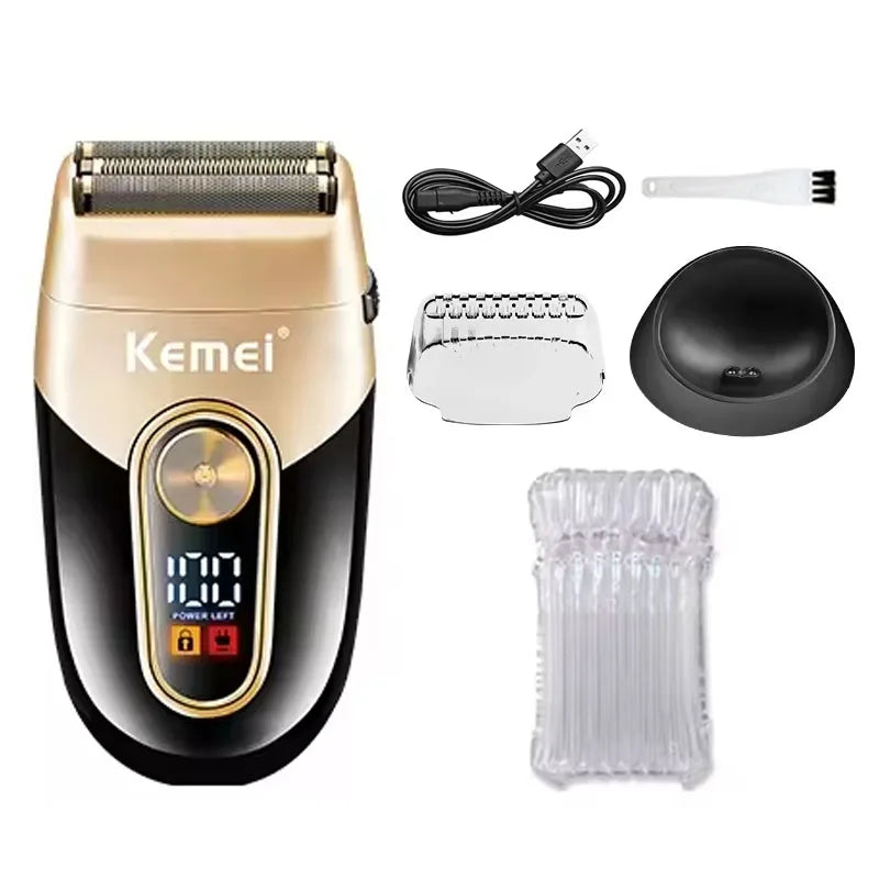 A beige and black professional rechargeable electric hair clippers kit with various attachments.