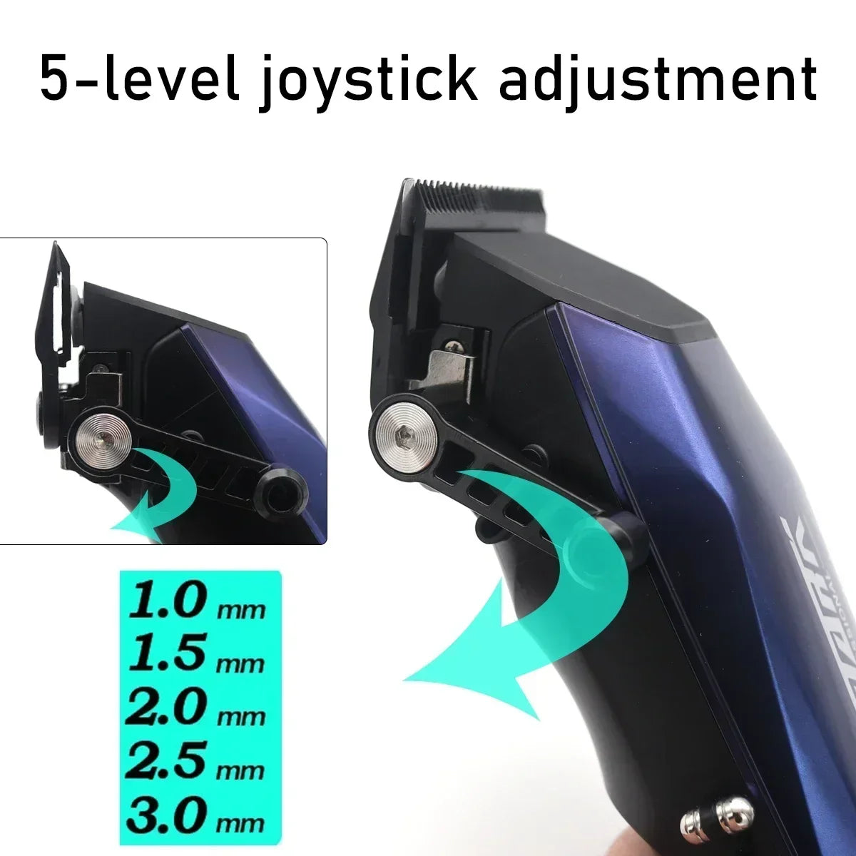 Close-up of a hair clipper showing 5-level joystick adjustment options for blade length.