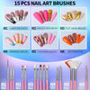 A collection of 15 professional nail art brushes including liner, oblique, flat, drawing, fan-shaped, and dotting tools.