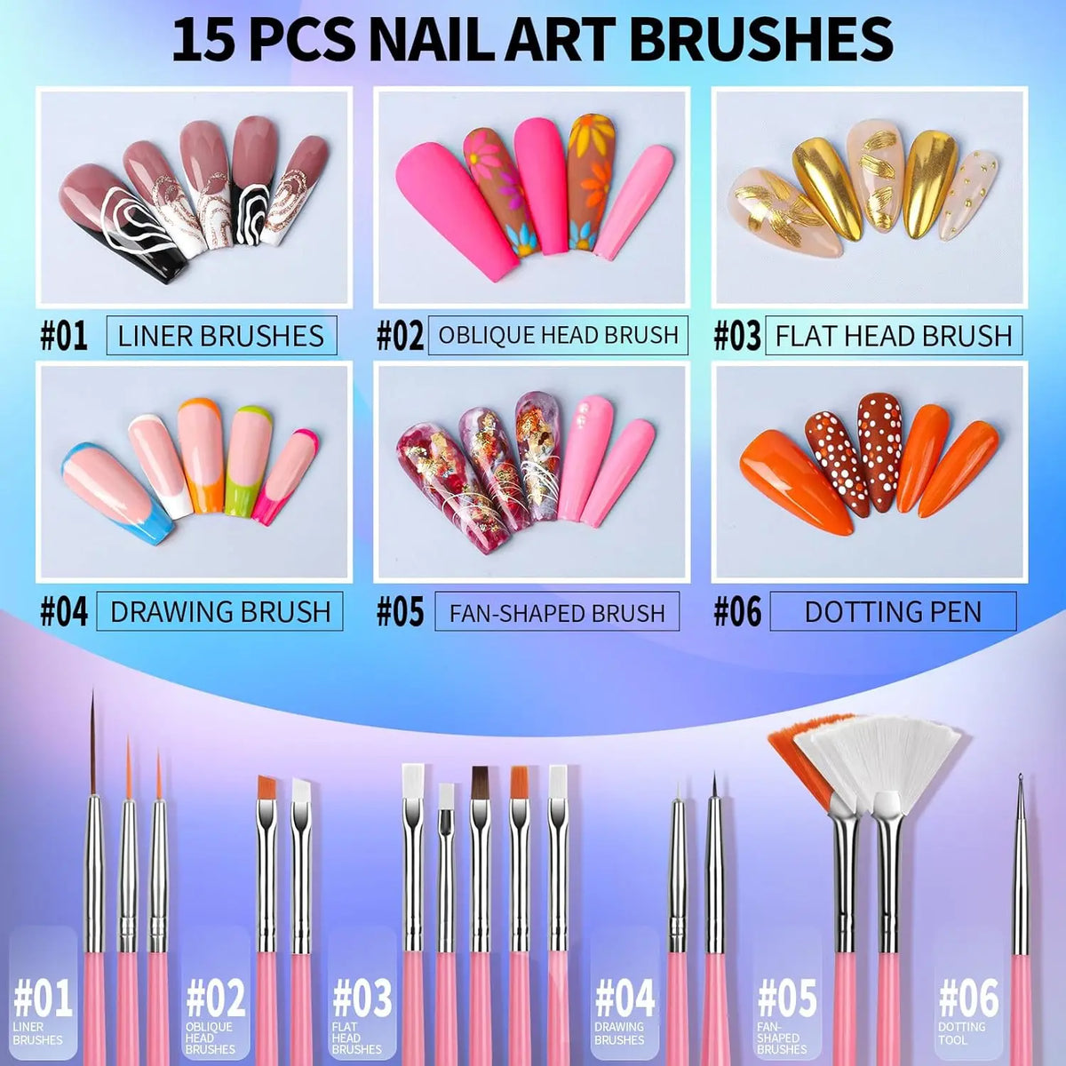 A collection of 15 professional nail art brushes including liner, oblique, flat, drawing, fan-shaped, and dotting tools.