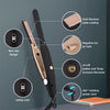 A black professional ceramic flat iron with a gold titanium plate coating and various safety features shown on a gray backgro