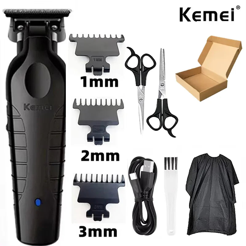 A kit of professional electric hair clipper trimmers showing various sizes of combs and scissors for hair grooming.