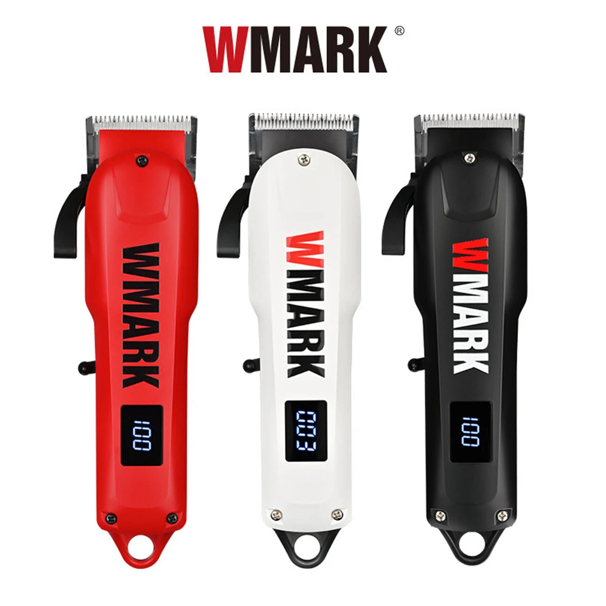 Three WMARK cordless electric hair clippers in red, white, and black.