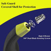 A close-up view of a yellow electric shaver head with a clear guard, showing a 360-degree dual-blade rotating system.