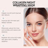 A woman applying a collagen night wrapping mask to her face, showing glowing skin.