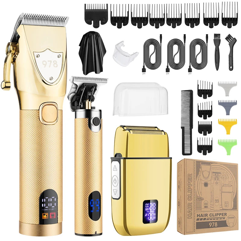 Ein Set professioneller elektrische Haarschneidemaschinen in Gold und Schwarz, die verschiedene Pflegewerkzeuge zeigt.