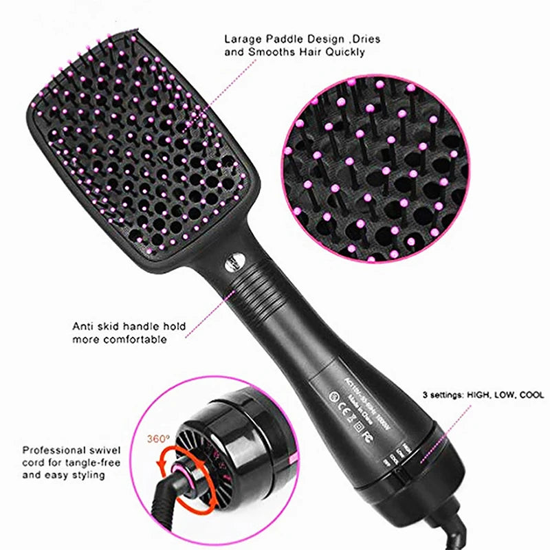A black professional hair dryer brush and curling comb with a swivel cord shown alongside a magnified view of the paddle desi