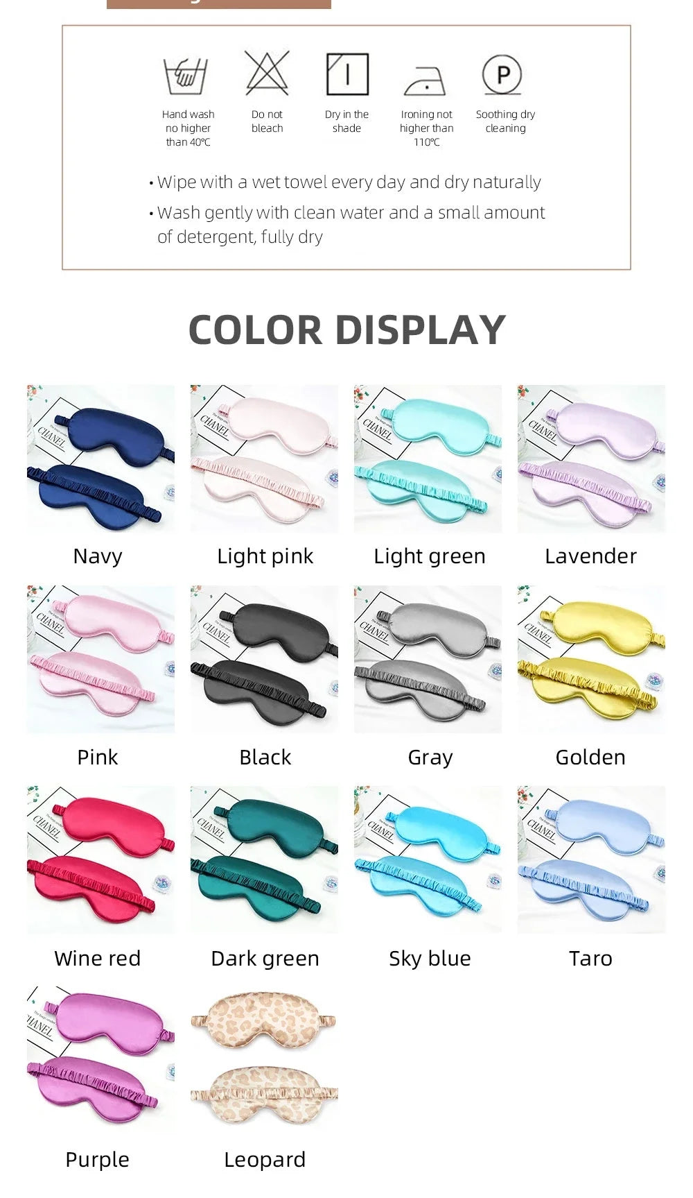 A display of various colored silk sleep eye masks including navy, pinks, greens, lavenders, golds, and blues.