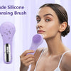 A woman is using a purple sonic waterproof facial cleansing brush on her face.