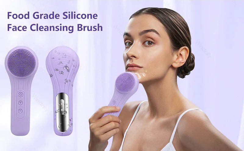 A woman is using a purple sonic waterproof facial cleansing brush on her face.