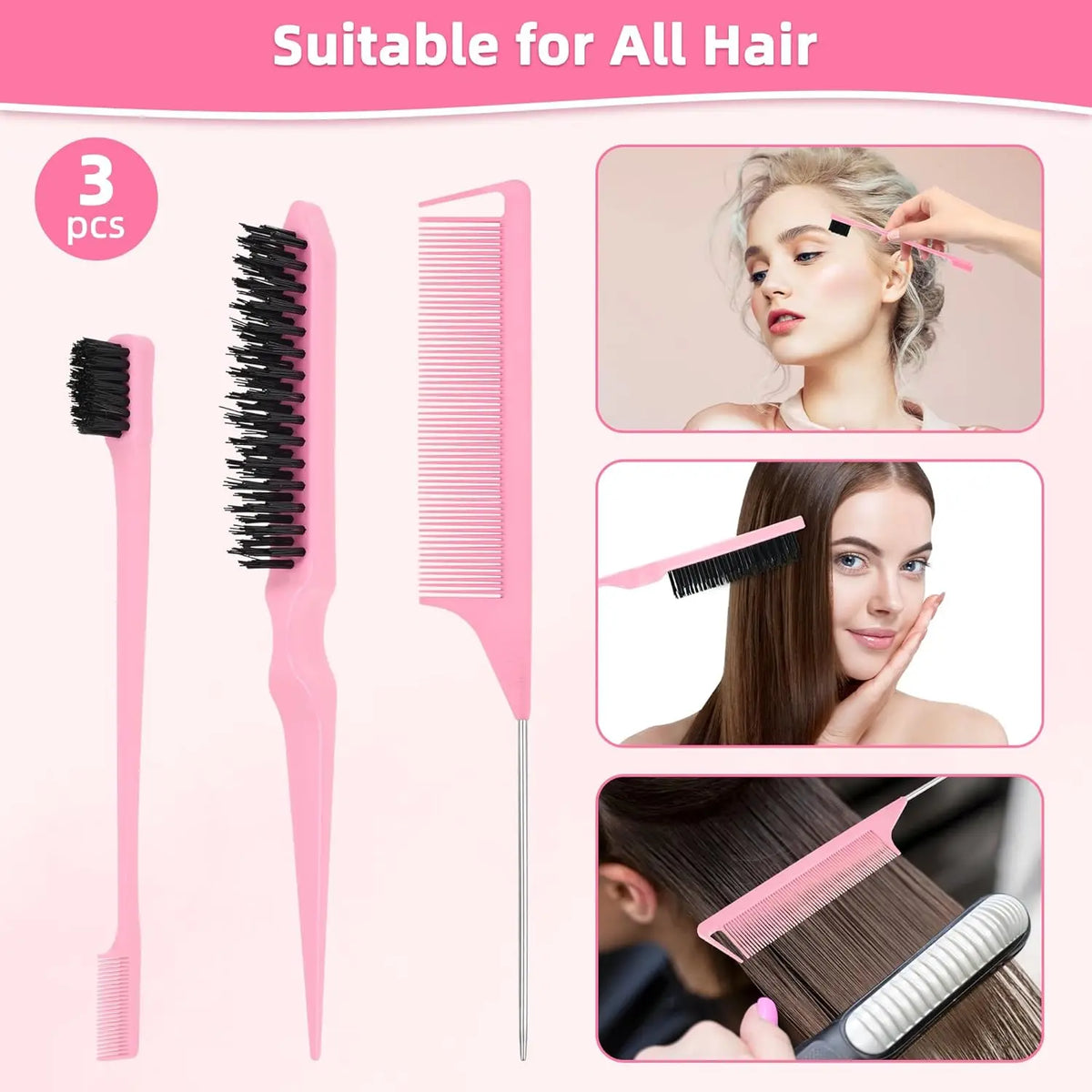 Un juego de tres cepillos de pelo rosa para peinar, incluyendo un peine y un cepillo para peinar hacia atrás.