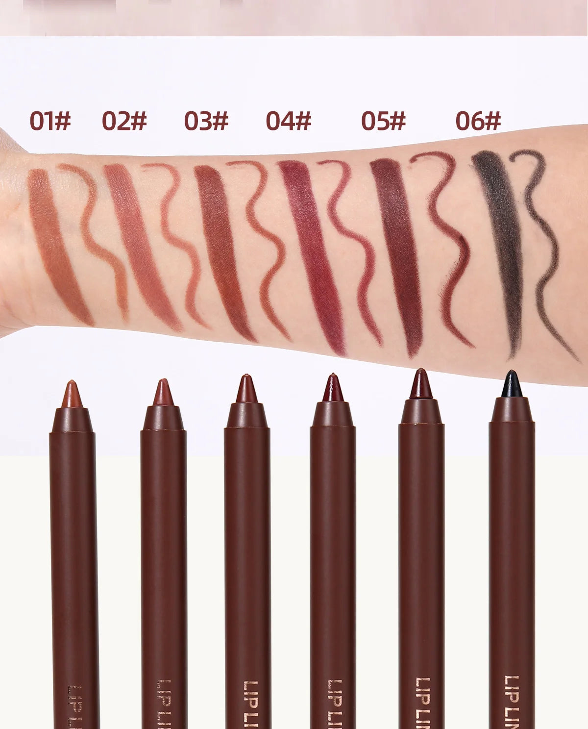 A hand shows six swatches of lip liner pencil colors on the skin, next to several tubes of the long-lasting matte lip liner p