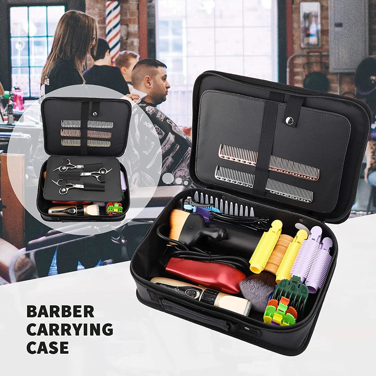 A black professional barber carrying case open, displaying various grooming tools and blades.