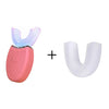 A pink electric toothbrush head and a white silicone brush head are shown with a plus sign, ready for use.