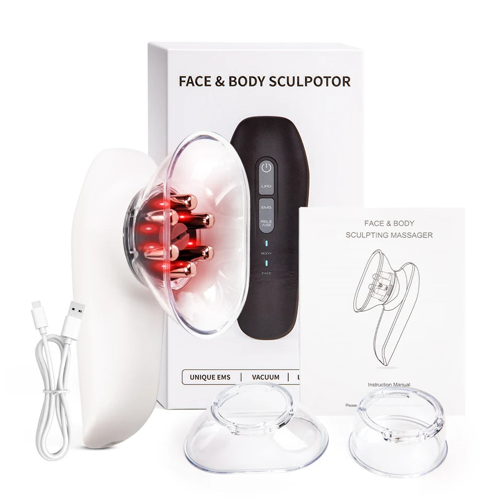 A white and black EMS fat cellulite massager device with accessories shown on a box.