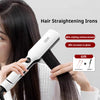 A woman is using a white hair straightening iron on her dark hair, demonstrating its use for styling enhancement.