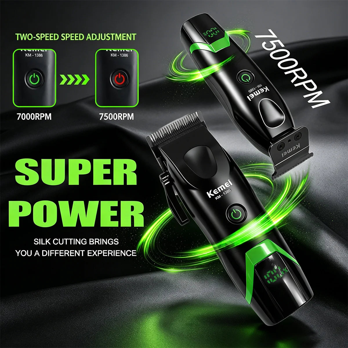 A black electric hair clipper trimmer with a green LED display is shown in various modes and power settings.