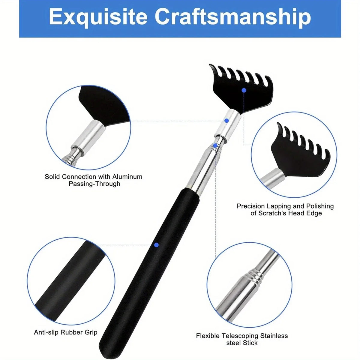 A black extendable metal back scratcher with a rubber grip and stainless steel stick for massage.