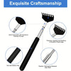 A black extendable metal back scratcher with a rubber grip and stainless steel stick for massage.