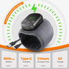 A black heating and massage wrist brace is shown with a charging indicator light, surrounded by a green charging circle.