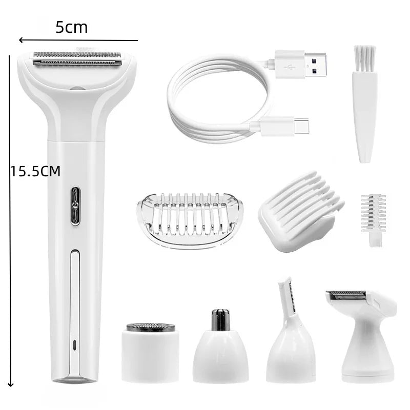 A collection of white electric hair removal tools including a main device, a cord, and various attachments.