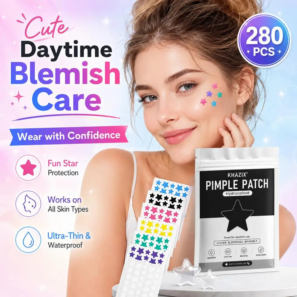 A woman applies multi-colored hydrocolloid pimple patches to her face for acne care.