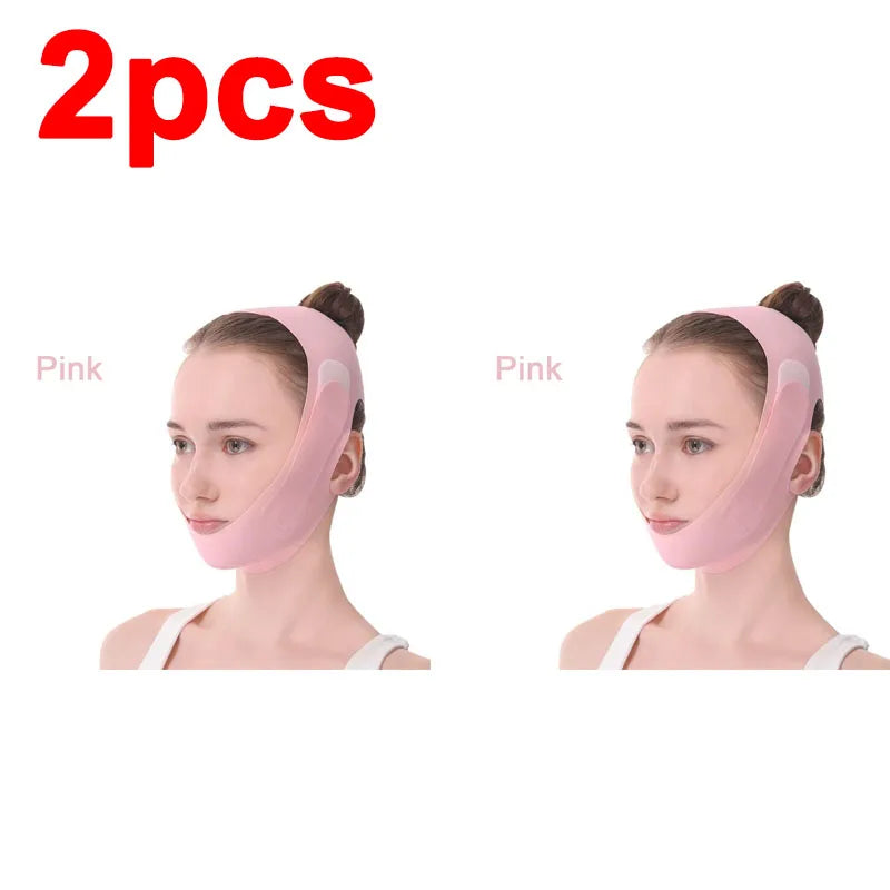 Zwei rosa V-Line Gesichts-Liftbinden auf dem Gesicht eines Models