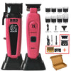 A pink brushless rotary hair trimmer kit with various guards and accessories displayed on a black base.
