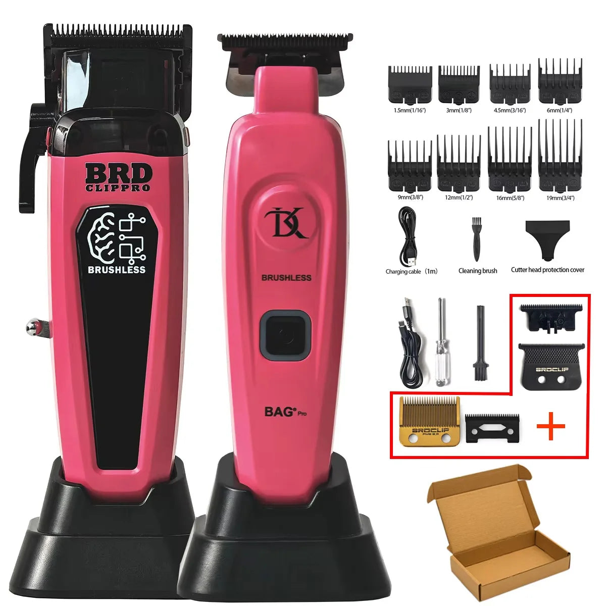 A pink brushless rotary hair trimmer kit with various guards and accessories displayed on a black base.