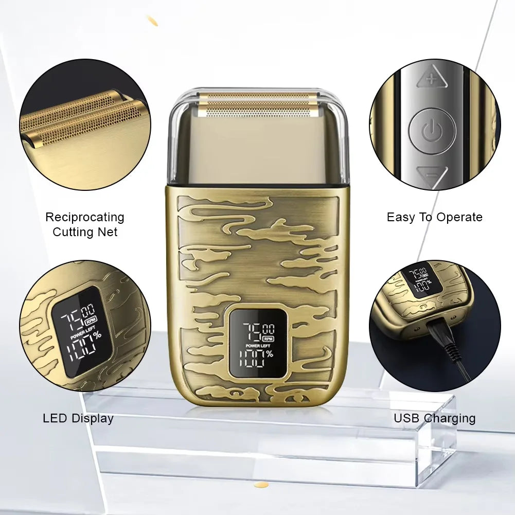 A gold-colored electric shaver displayed on a clear stand, showing features like a reciprocating cutting net and LED display.