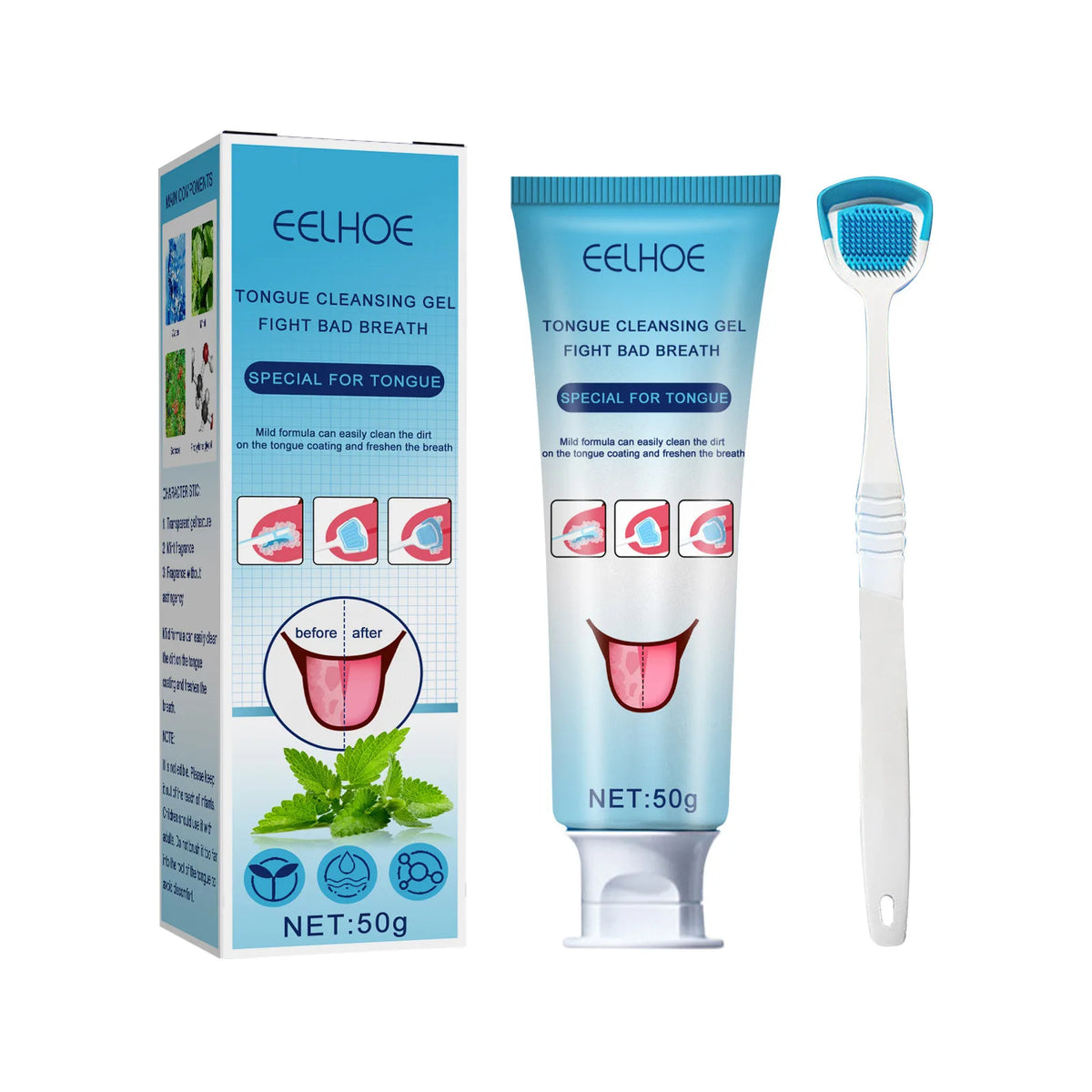 Caja y tubo de gel limpiador de lengua de EELHOE y cepillo raspador para higiene bucal.