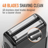 Close-up view of a black electric shaver with 48 stainless steel blades designed for a cleaner shave.