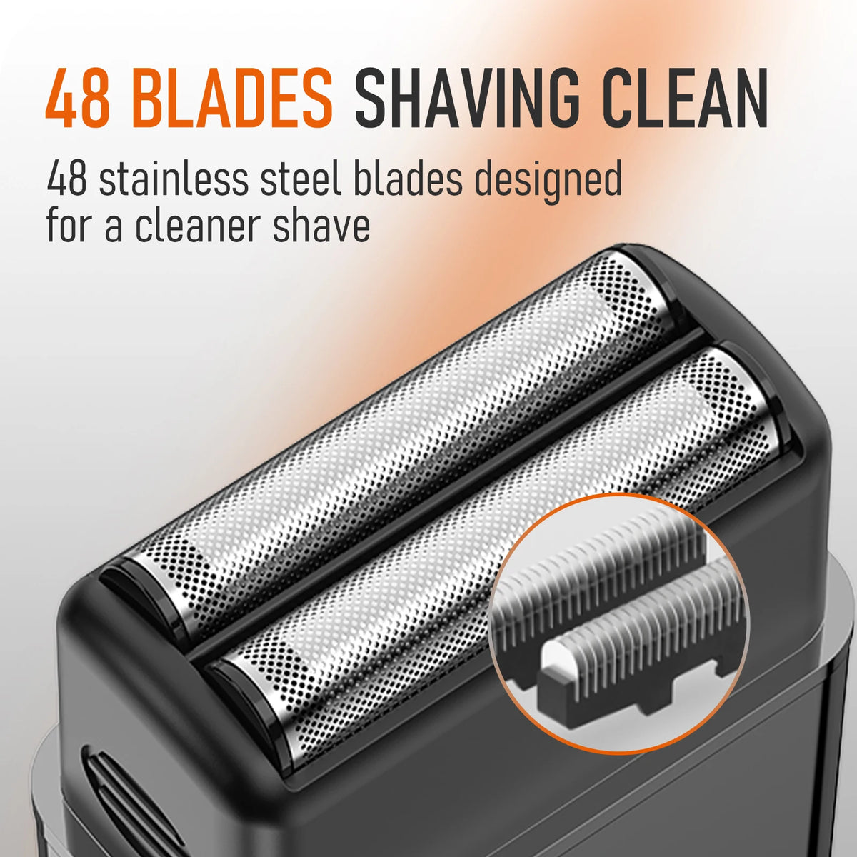 Close-up view of a black electric shaver with 48 stainless steel blades designed for a cleaner shave.