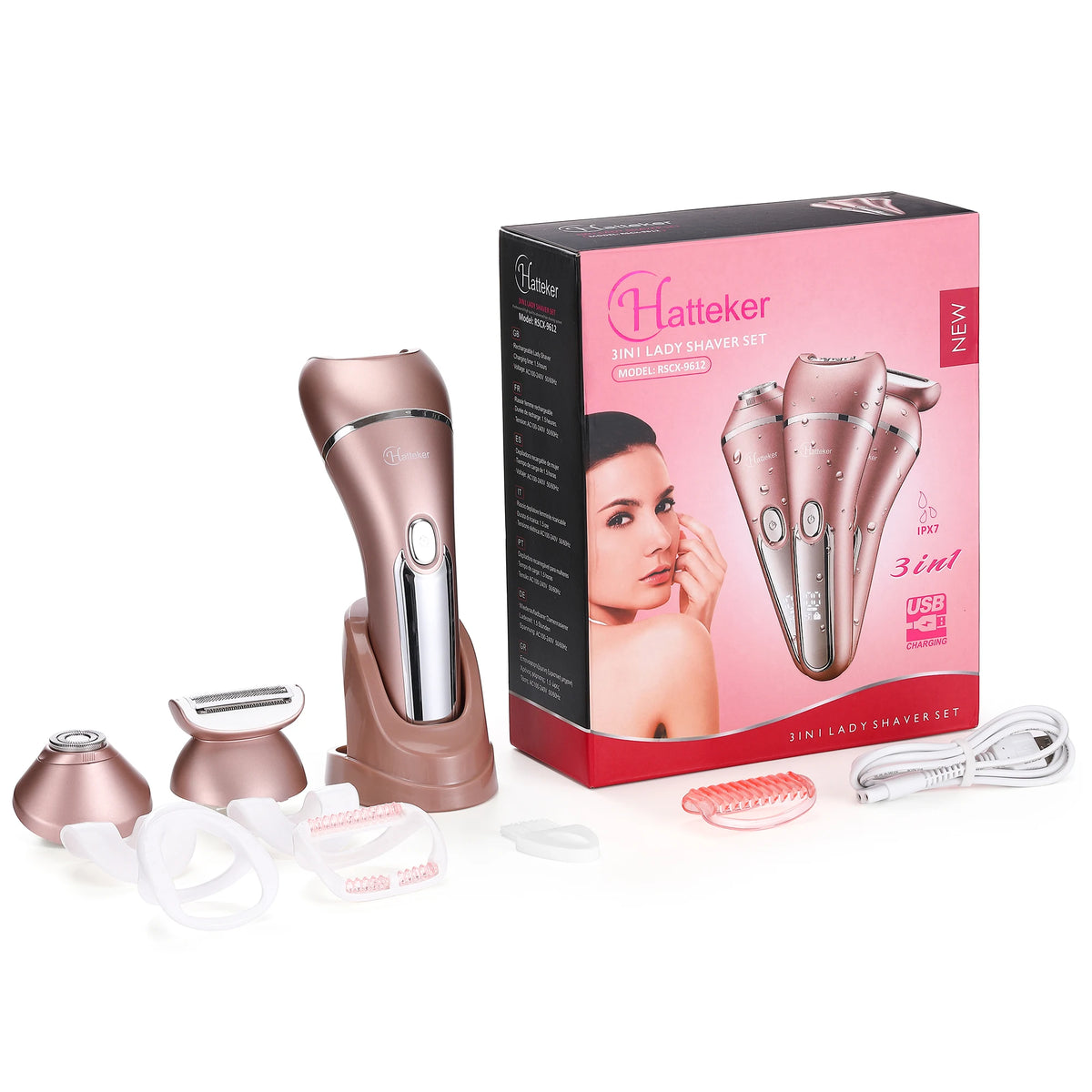 A box of Hatteker mini lady shaver set with three grooming devices and a charging cable.
