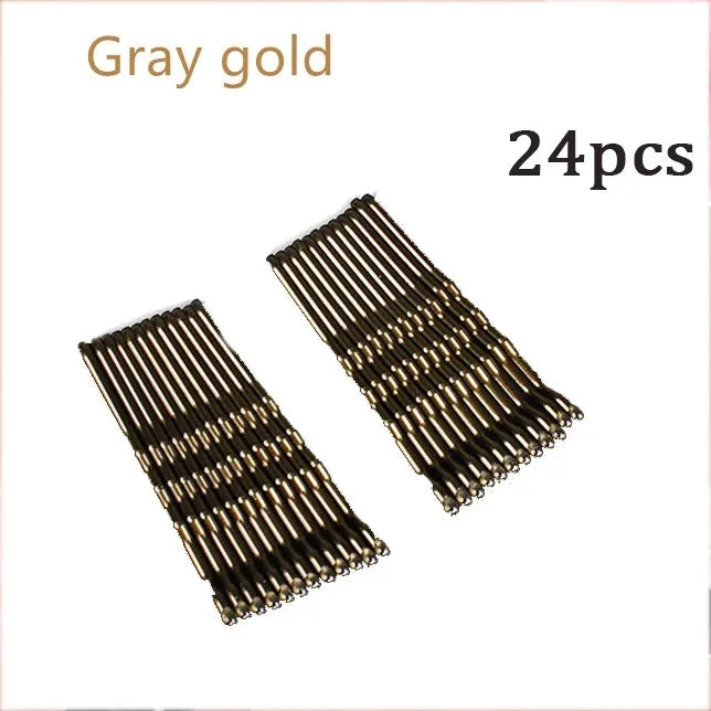 A set of 24 pieces of gray gold metal U-shaped hair pins for styling.
