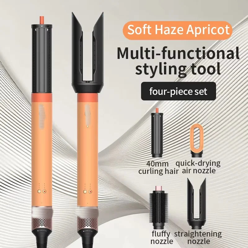 A four-piece set of a multi-functional styling tool featuring a soft haze apricot color and various nozzles.
