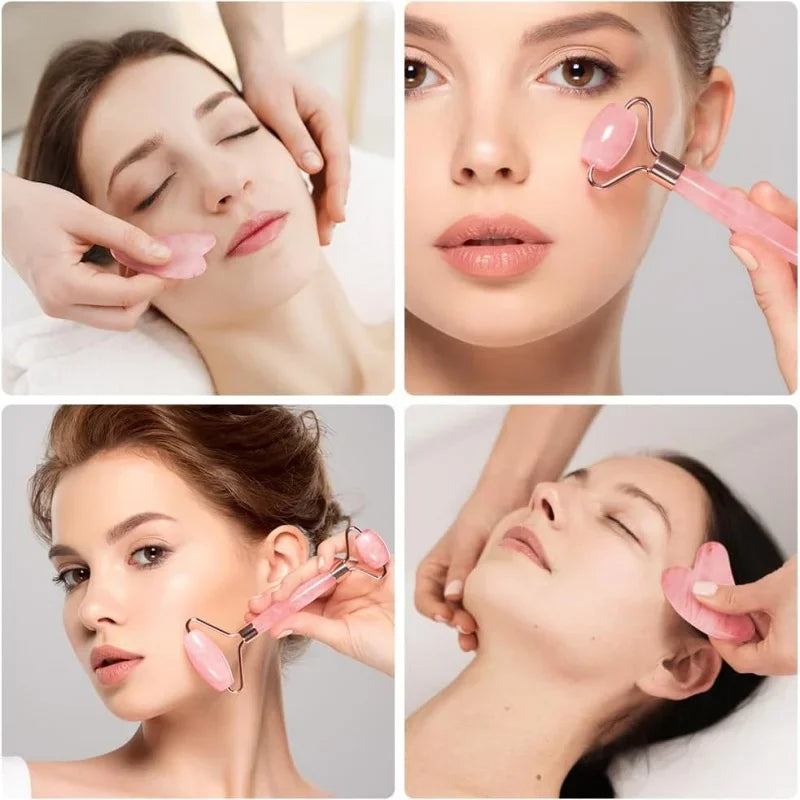 A woman is using a pink jade gua sha tool on her face and neck for skincare treatment.