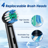 A black rotary electric toothbrush is shown with four replaceable brush heads, highlighting high density bristles and rotatab
