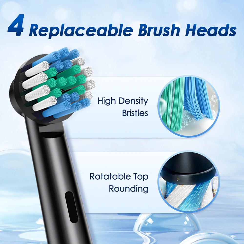 A black rotary electric toothbrush is shown with four replaceable brush heads, highlighting high density bristles and rotatab