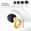 A close-up view of a black earplug and a gold reusable ring, showing size parameters for different sizes.