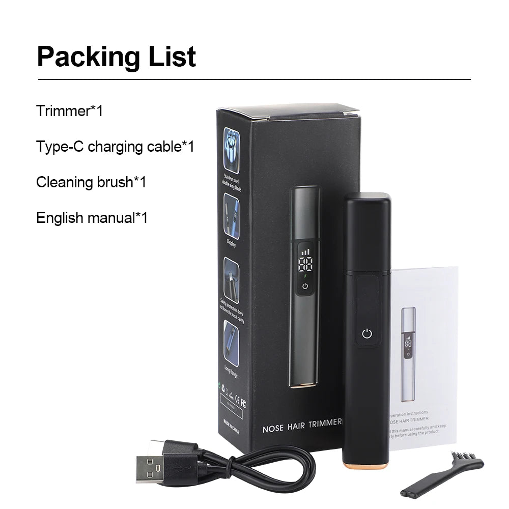 Packing list for a portable electric nose hair trimmer including a trimmer, cleaning brush, manual, and charging cable.