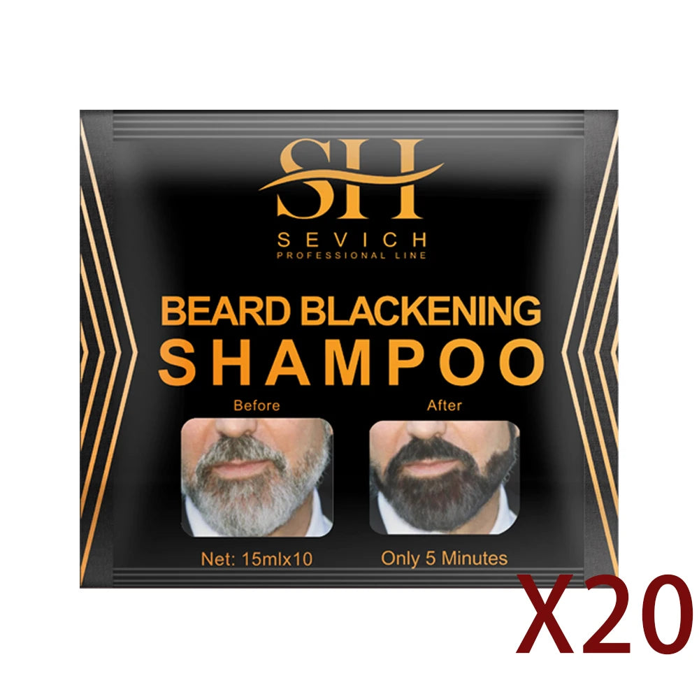 Packaging for Sevich Beard Blackening Shampoo showing before and after results.
