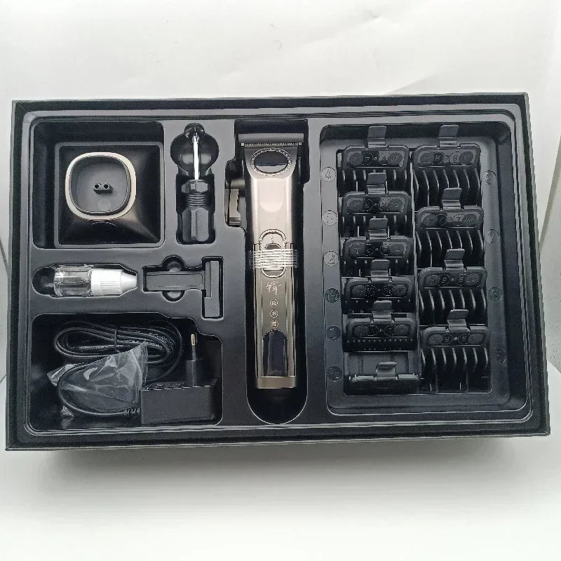 Schwarze Box mit professionellen kabellosen Haarschneidern, Zubehör und Ladegeräten.