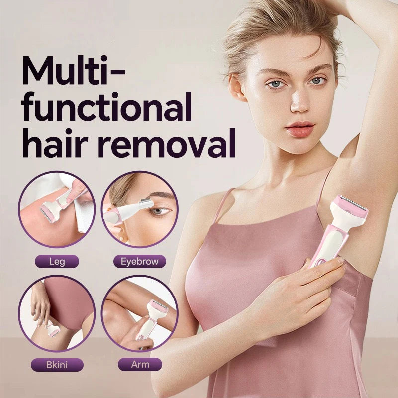 A woman is using a multi-functional electric hair removal kit on her leg, eyebrow, and arm.