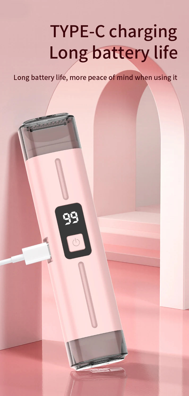 Afeitadora eléctrica de vello corporal Type-C rosa, mostrada de pie contra un fondo rosa claro.