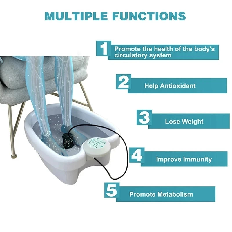 A white foot spa massager with blue silicone feet is shown next to a list of five health benefits.